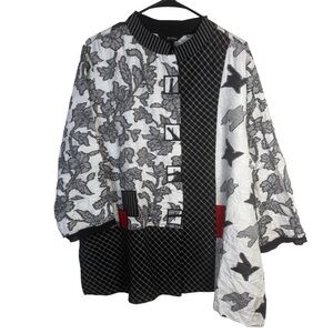 ali miles jacquard multi patch print black white 3/4 sleeve tunic top NWT